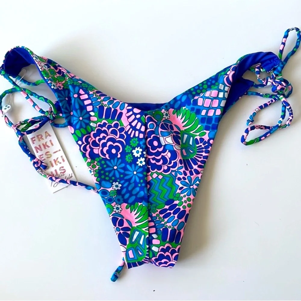 NWT Frankie’s bikini good vibes in electric blue green pink string high rise L/M